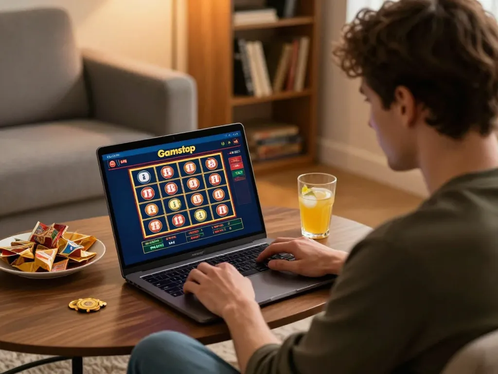 Playing exciting slots not on gamstop in a cozy home gaming setup.