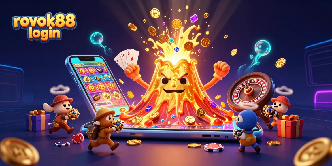 Engage with the thrilling experience of rokok88 login, where a golden volcano erupts treasures in a vibrant casino scene!