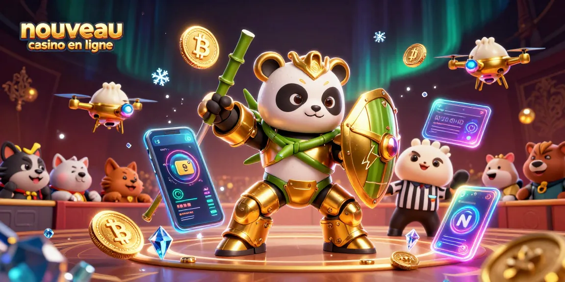 Nouveau casino en ligne : illustration 3D vibrante avec un panda d'or et un robot, entourés de crypto-monnaies et d'éléments de jeu.