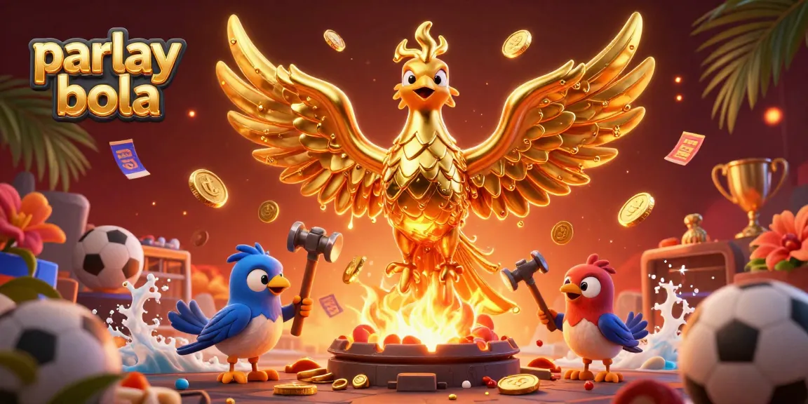 Engage in parlay bola betting with a dynamic illustration featuring molten phoenix and sports elements.