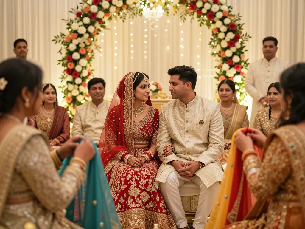 Couple celebrating nikah Marriag in a beautifully decorated venue with family members.