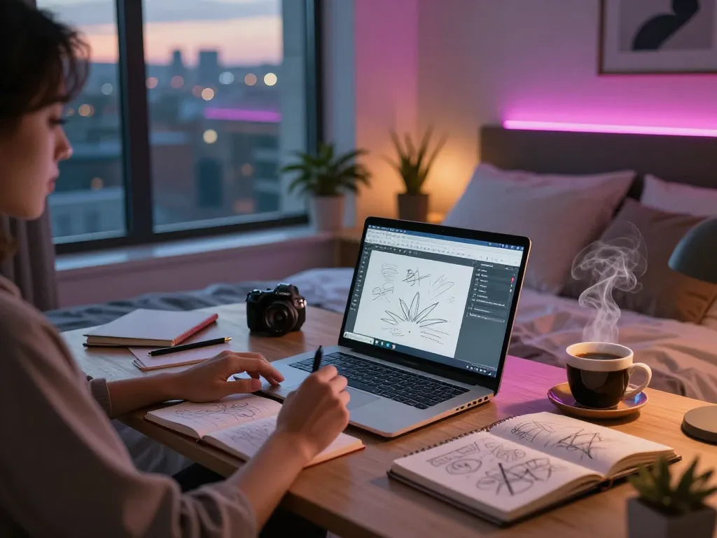 Creative workspace with a person writing NSFW AI stories, colorful lighting, and urban view.