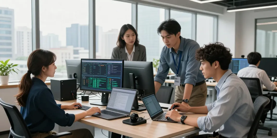 IT support business professionals collaborating in a modern office focused on proactive IT solutions and teamwork.