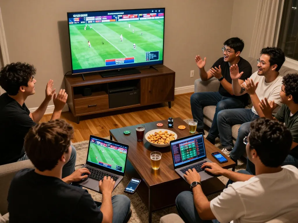 Bettors analyzing odds and placing bets on bong88 during an exciting sports match at home.