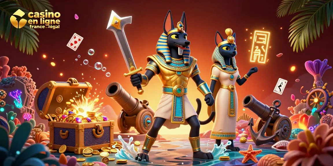 Interagissez avec le casino en ligne France légal dans une scène excitante mettant en vedette Anubis et Bastet parmi des éléments de jeu vibrants.