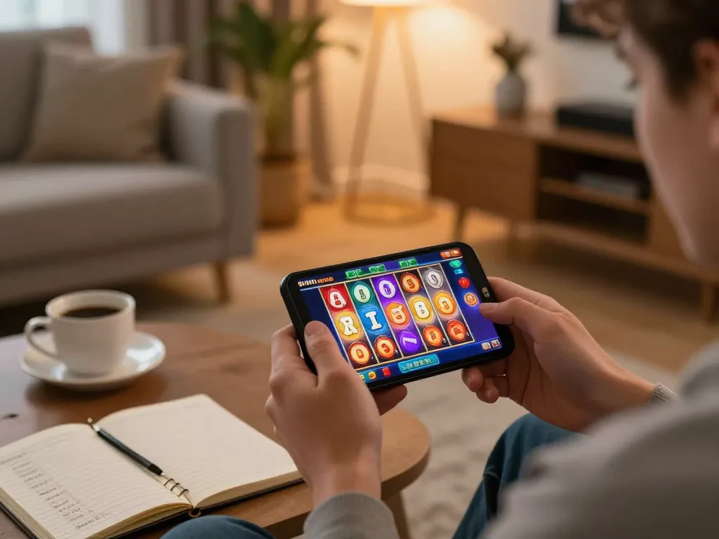 Player engaging with online slot machine on mobile device, cozy environment with warm lighting and gaming notes