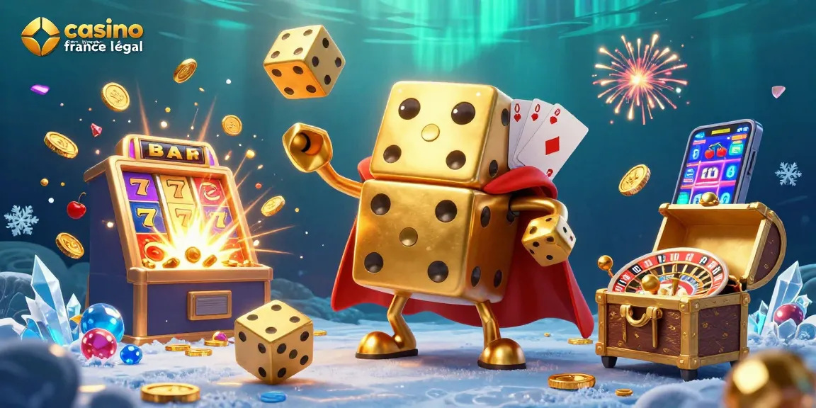 Profitez d'une illustration animée représentant le casino en ligne France légal avec des dés et des machines à sous.