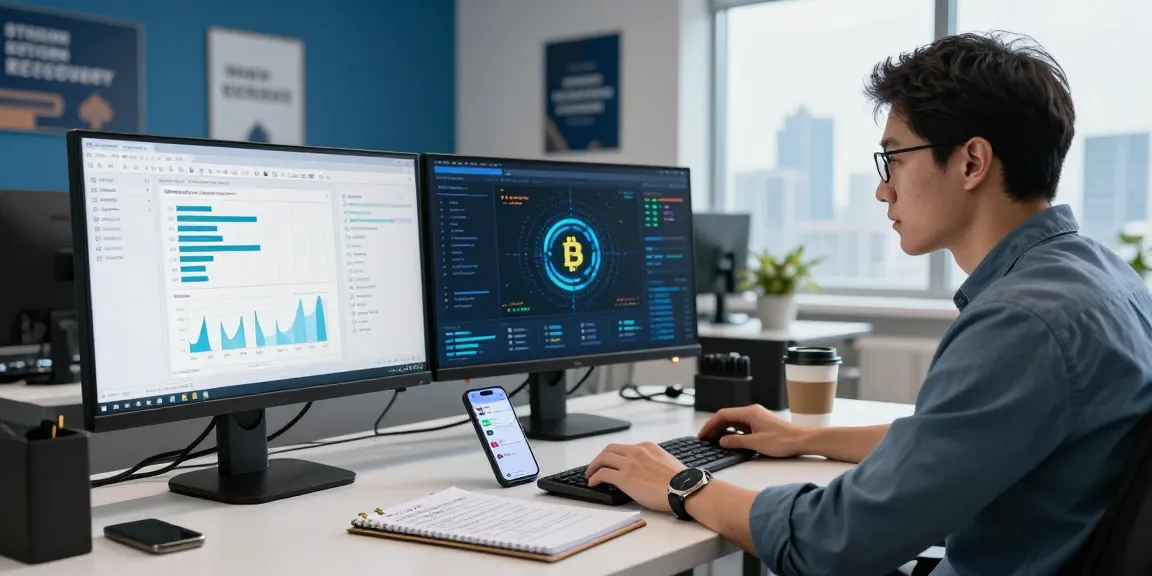 Analyze and recover stolen cryptocurrency with expert cybersecurity analyst using advanced blockchain tools in a modern office.
