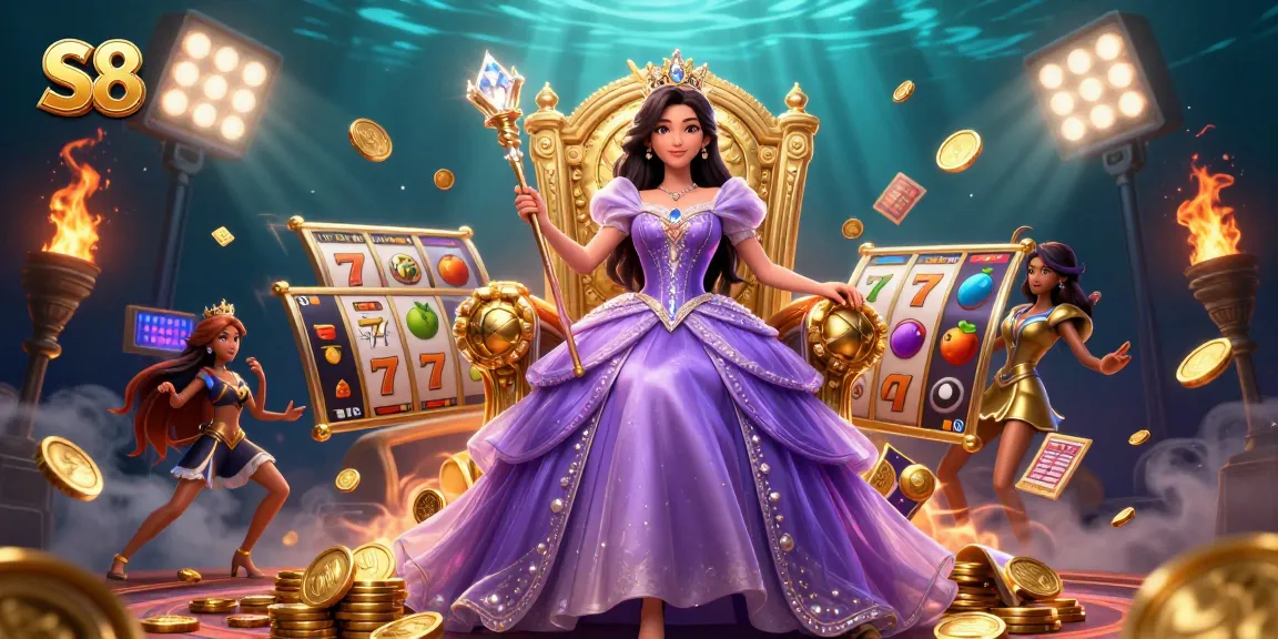 S8 showcases an elegant Asian woman in a royal casino scene featuring slot elements and golden treasures.