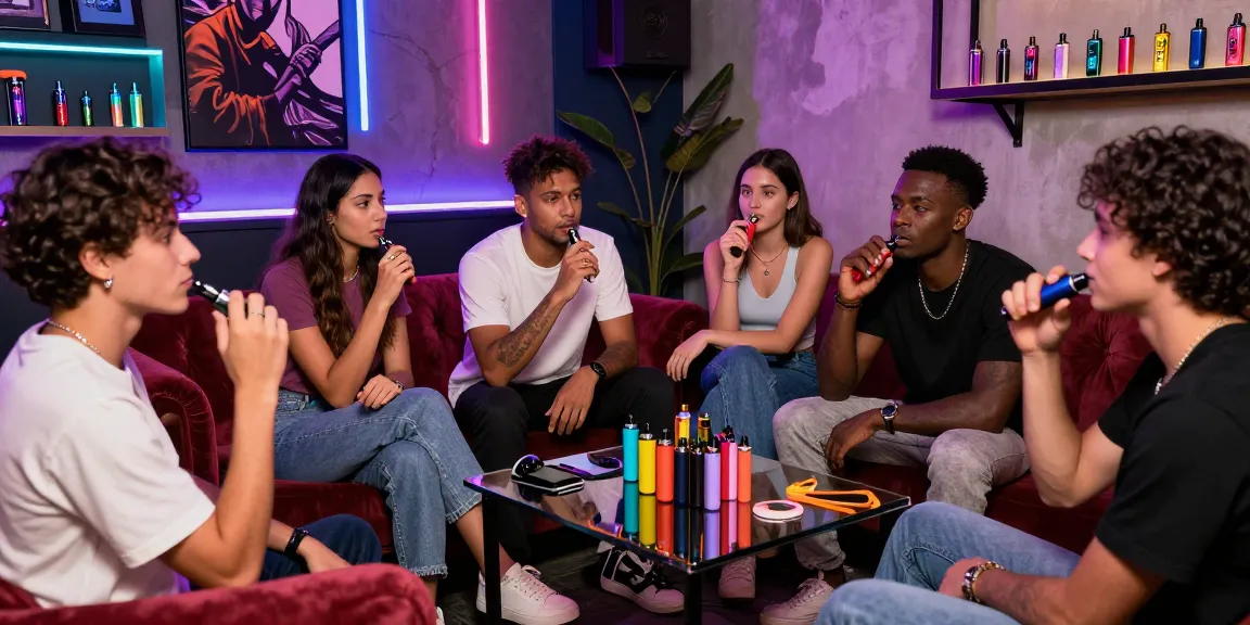 Engaged group using 電子菸主機 in a modern vaping lounge