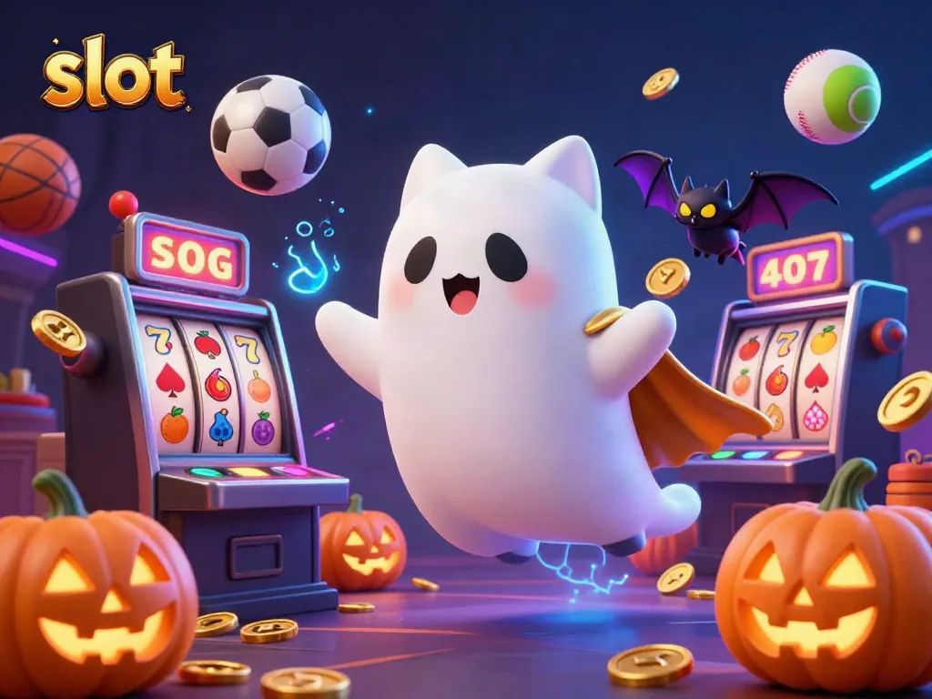 Floating ghost cat and bat in a haunted casino mansion amidst vibrant slot machines and spooky jack-o-lanterns.
