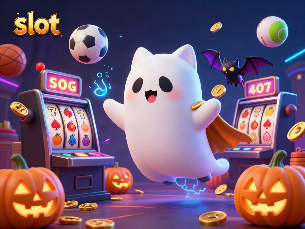 Floating ghost cat and bat in a haunted casino mansion amidst vibrant slot machines and spooky jack-o-lanterns.