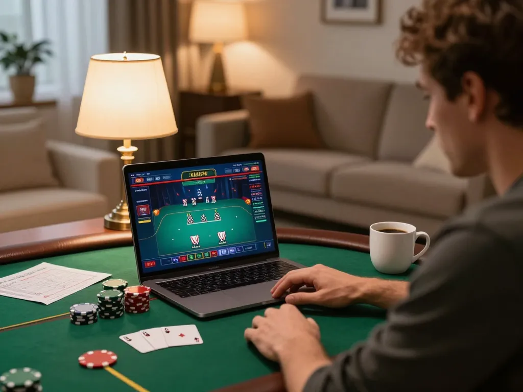 Player engaging with RR88 online poker game interface from a cozy home setup.