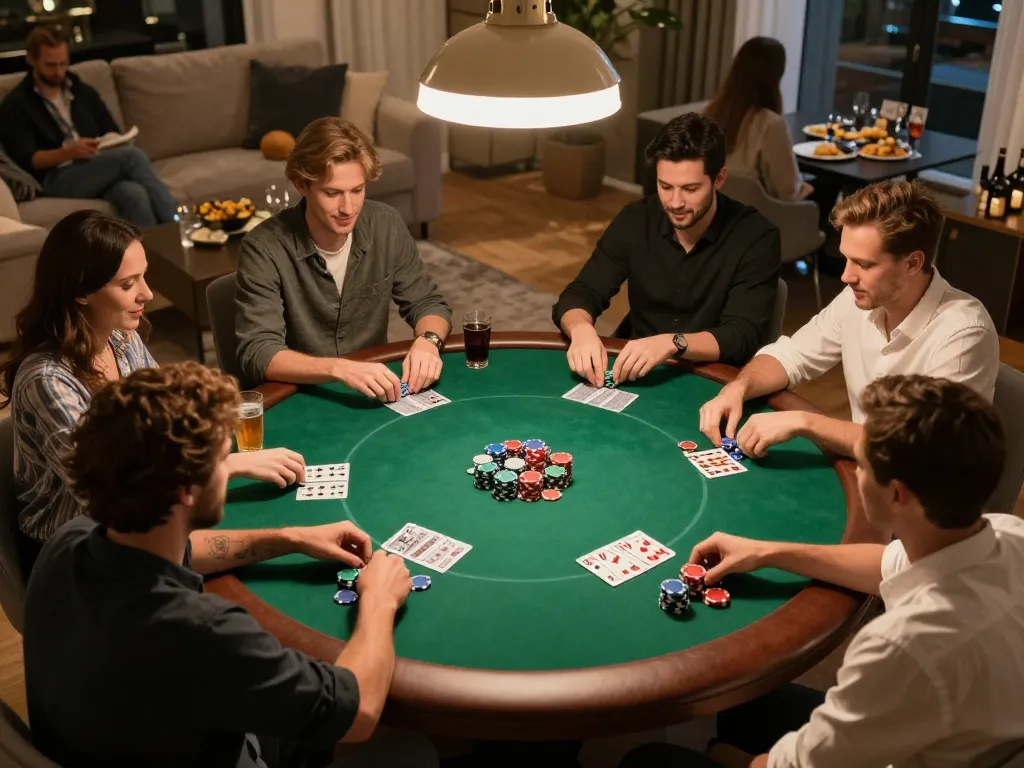 O8 poker night with friends enjoying colorful chips and cards under warm light