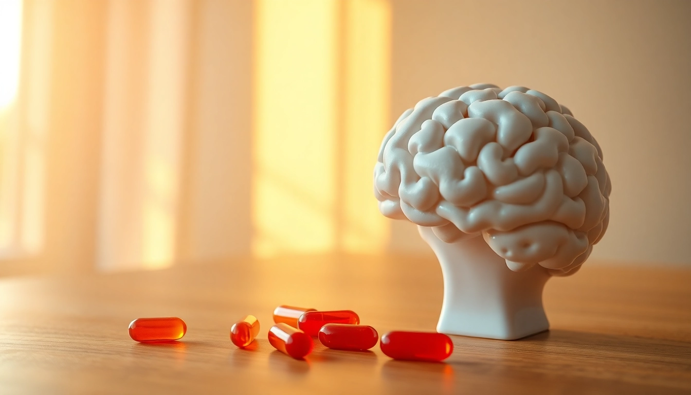 Enhance cognitive health with astaxanthin capsules beside a brain model.