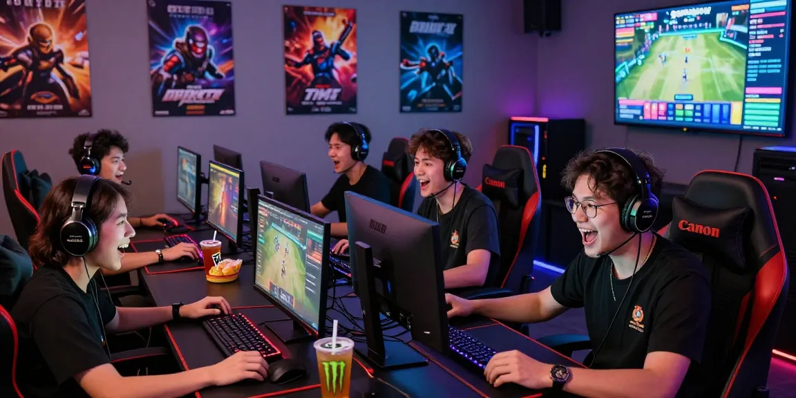 Engaging gaming lounge scene showcasing friends using rokok88 slot login with excitement.