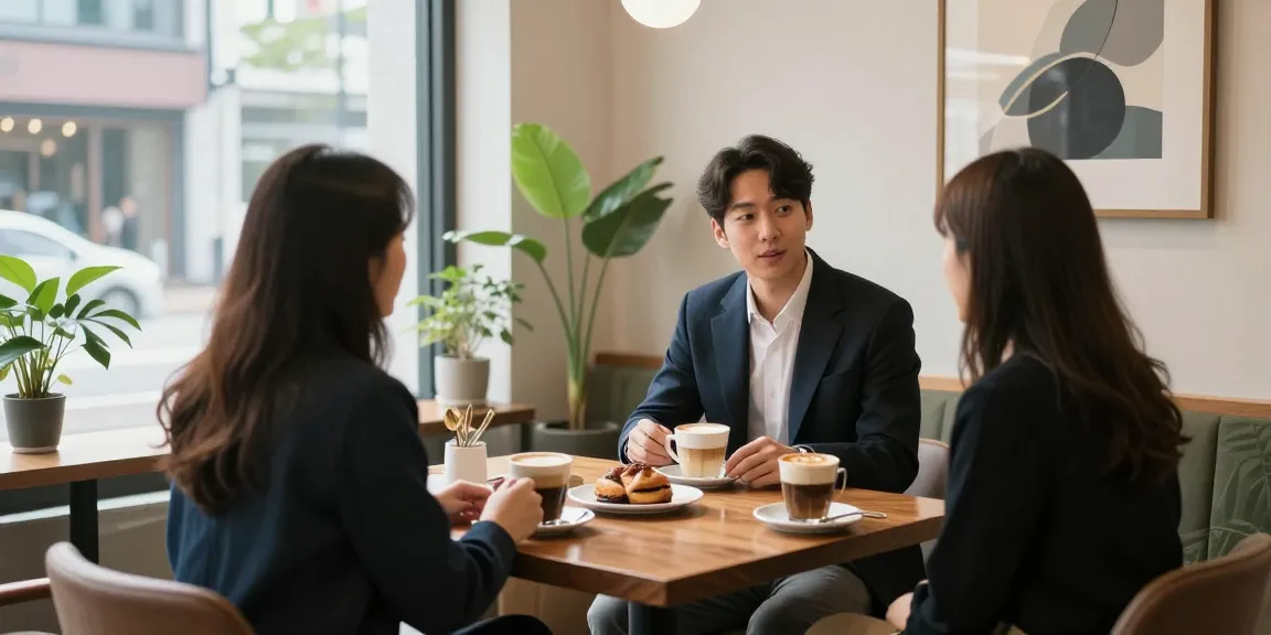 강남쩜오 멀리건에서 친구들과 커피를 즐기는 분위기 좋은 카페 모습