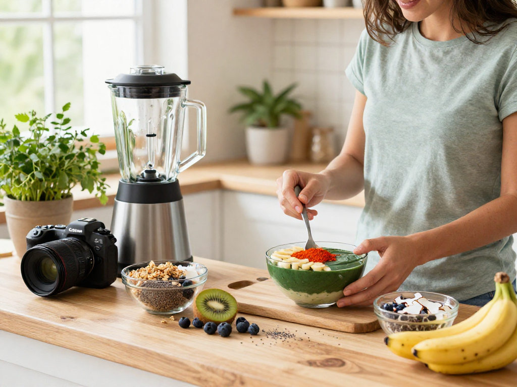 Preparing a smoothie bowl with microalgae astaxanthin and fresh fruits in a bright kitchen.
