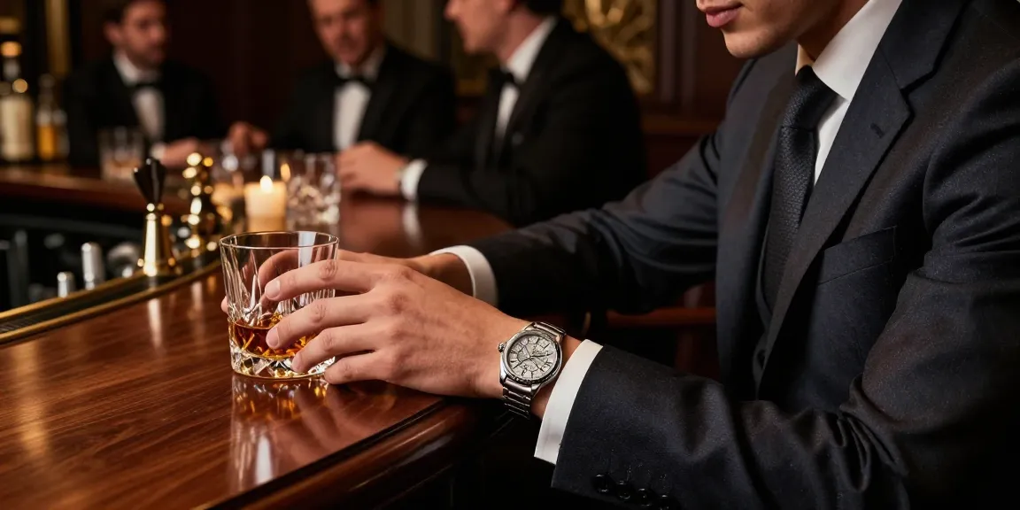 Stylish individual showcasing a luxury replica watch in an upscale bar setting, highlighting sophistication and elegance.