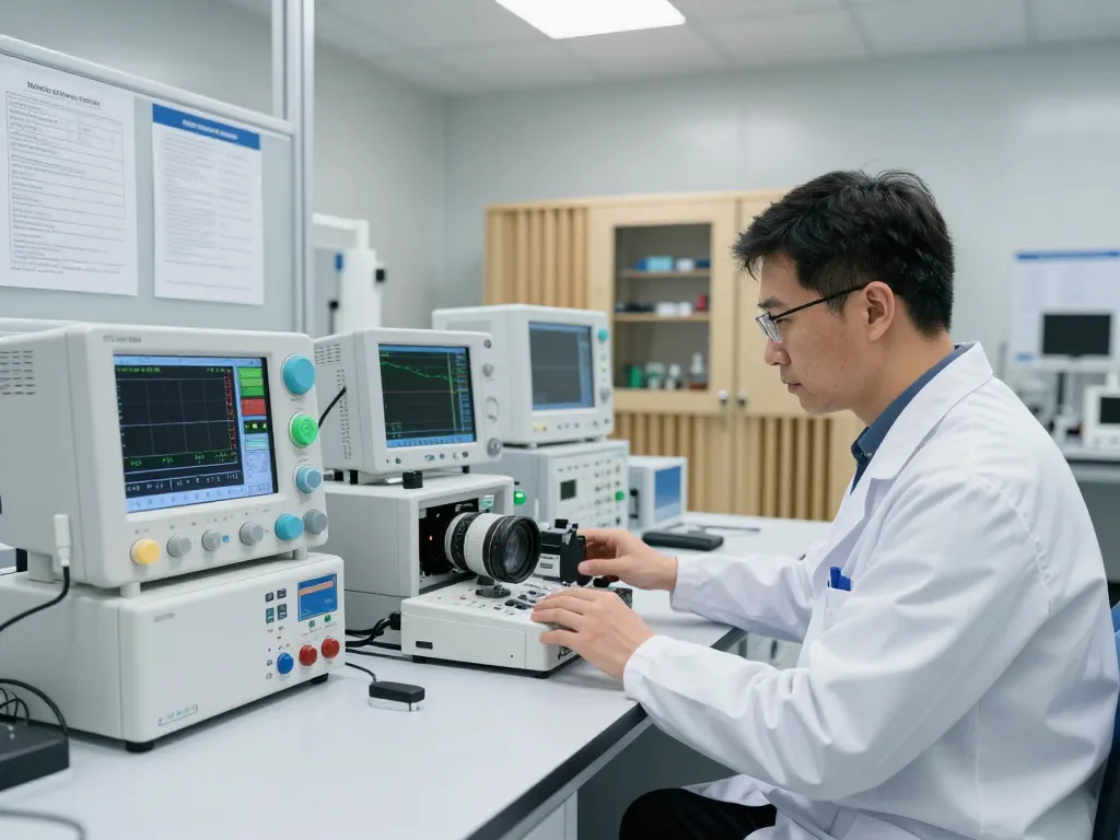 Medical EMC testing engineer analyzing devices with high-tech equipment in a laboratory.