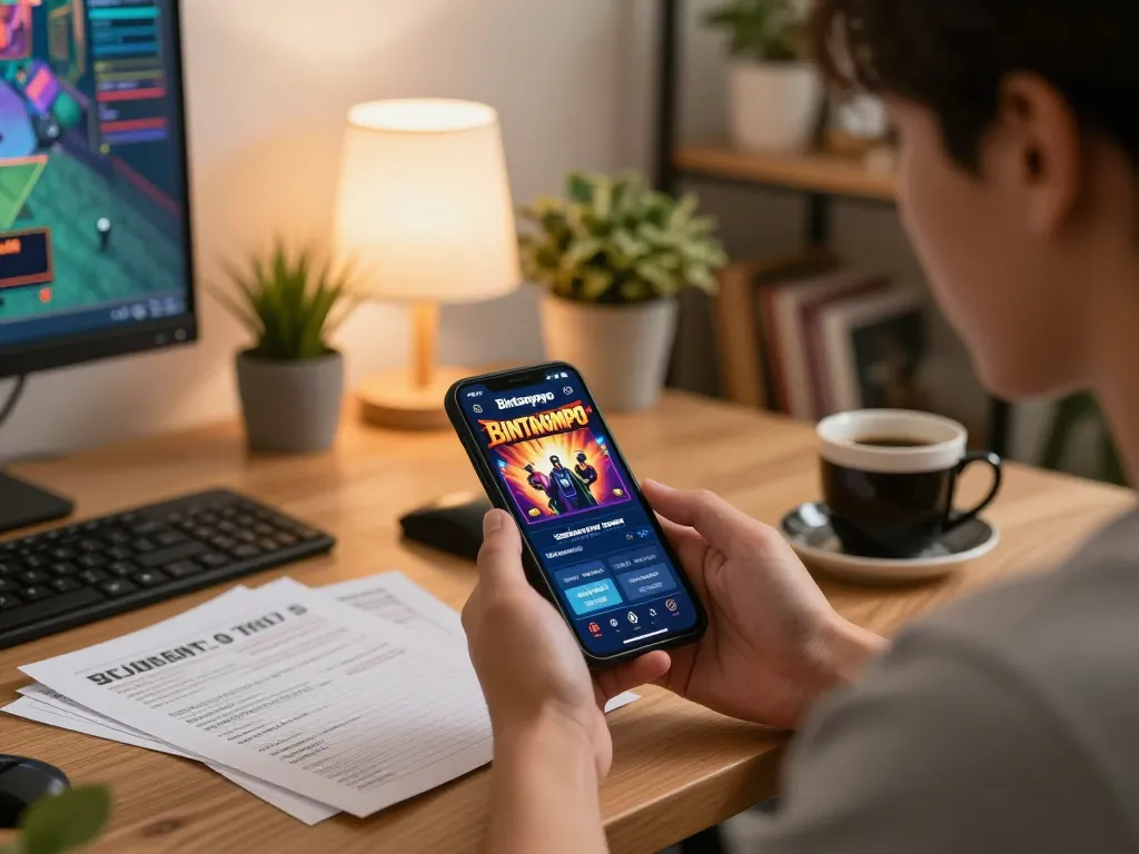 Pengguna Bintangmpo berinteraksi dengan aplikasi kasino di smartphone dalam pengaturan rumah yang nyaman, menunjukkan permainan yang strategis.