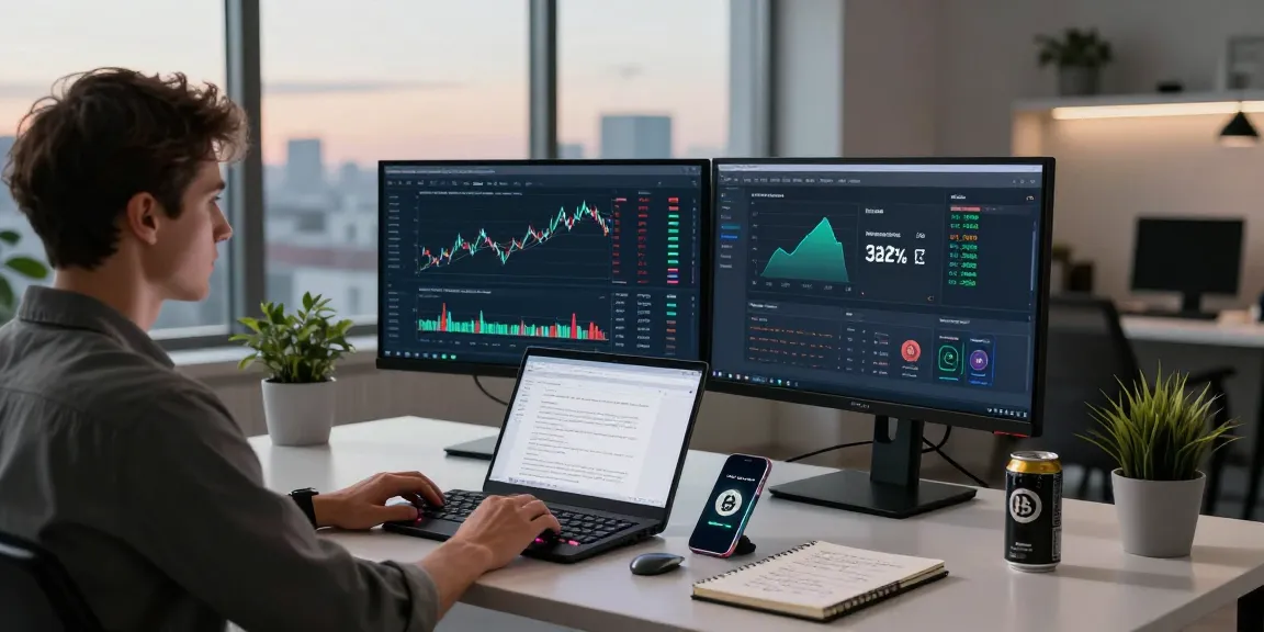 Bitcoin cloud mining data analyzed in a professional cryptocurrency trading setup with advanced tech displays.