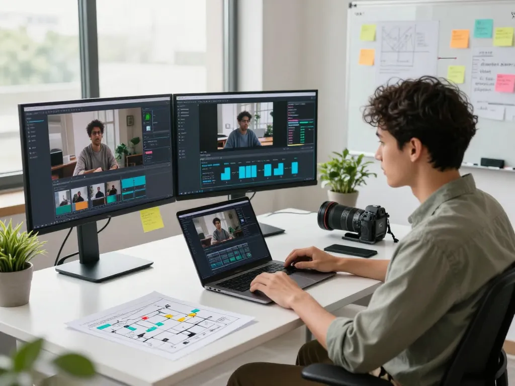 Creative workspace focused on video to promptgenerator analysis, featuring multiple screens and collaborative elements.