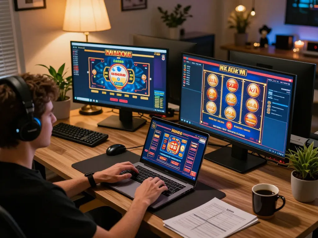 Engaging with iWin casino games on a laptop in a stylish home office setting.