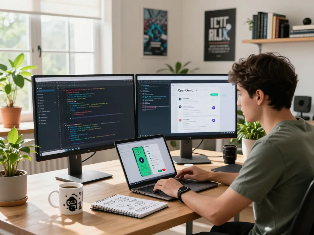 Developer configuring openclawd AI assistant in a bright home office with tech gadgets and dual monitors.