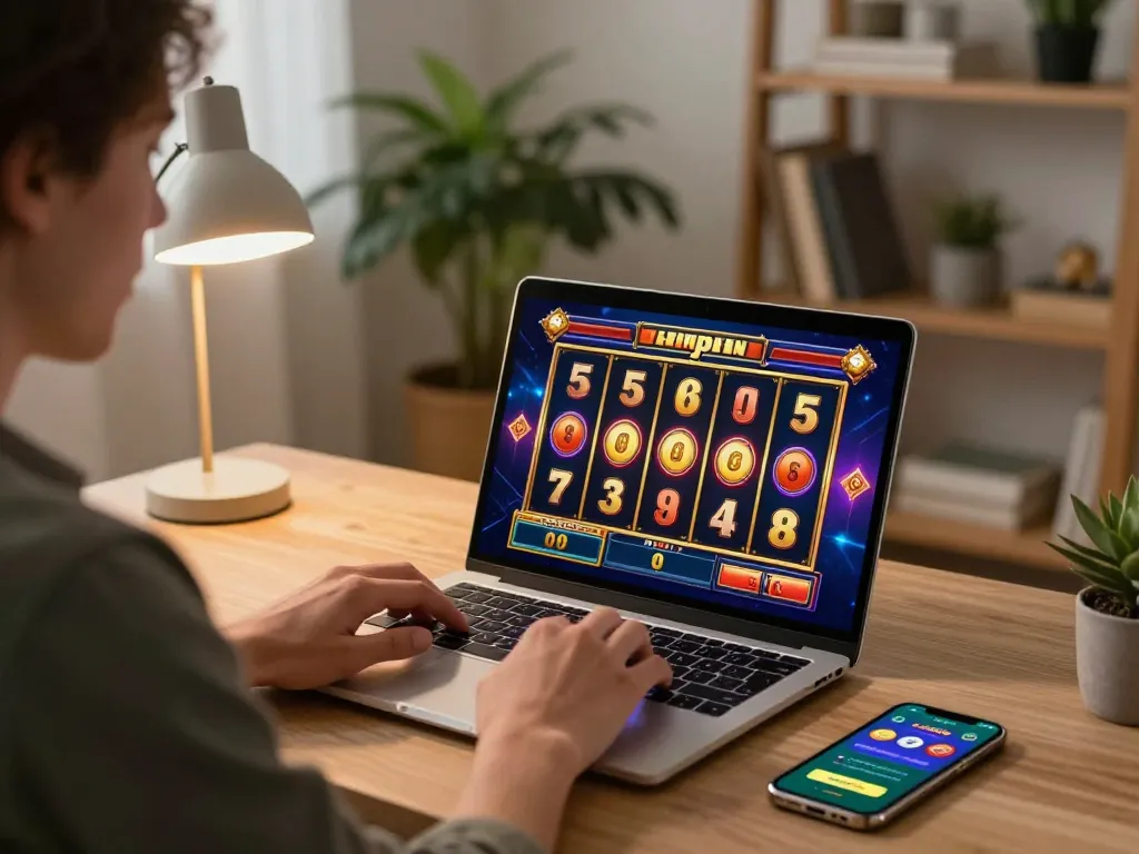 Engaged player spinning slot reels on laptop while practicing bankroll management at home.