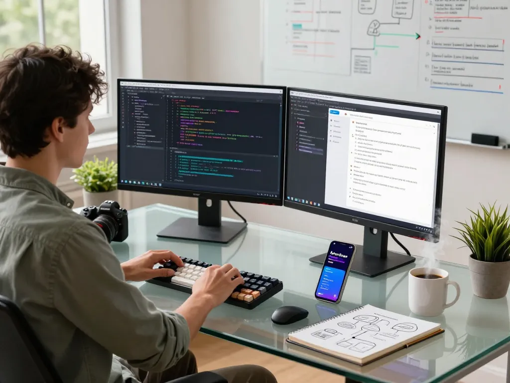 Moltbot developer at a modern workspace showcasing vibrant coding and AI workflows