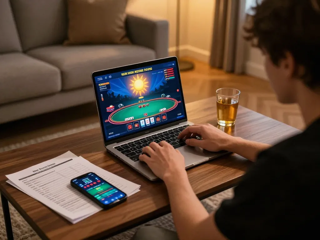 Player enjoying a sun win online casino poker game at home, focused on strategy and excitement