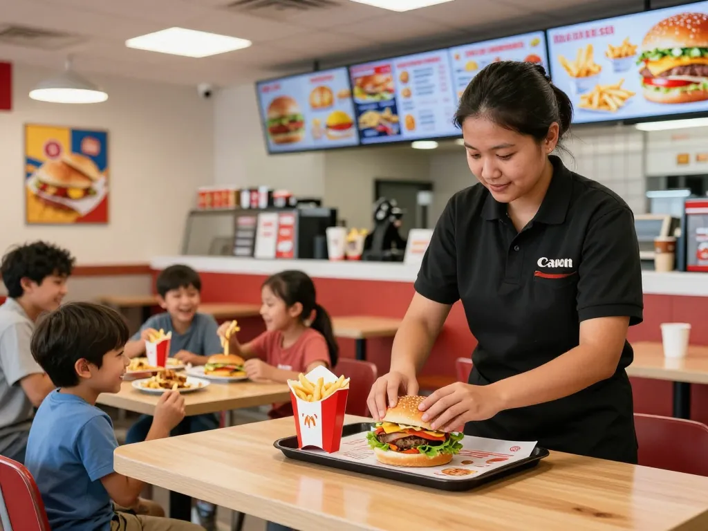 Fast food menu with vibrant burgers and fries in a lively restaurant setting.