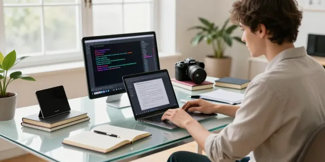 A writer utilizing an online AI writing assistant in a modern tech workspace, surrounded by notebooks and a vibrant display.