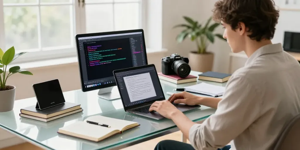 A writer utilizing an online AI writing assistant in a modern tech workspace, surrounded by notebooks and a vibrant display.
