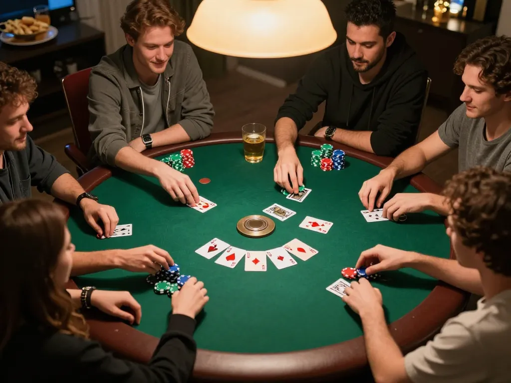 Players engaging in a home poker game with garuda slot strategy on the table, highlighting social entertainment.
