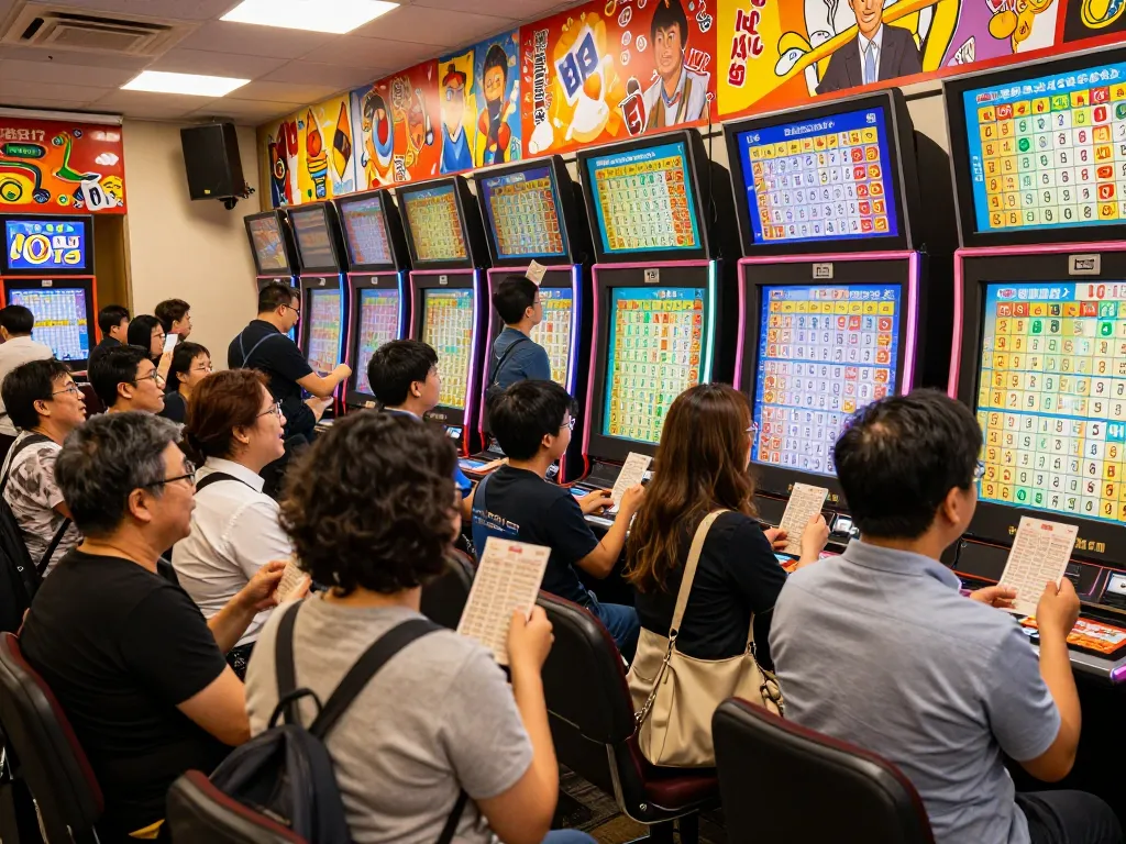 Excited bettors in a vibrant HK lottery draw hall checking tickets.
