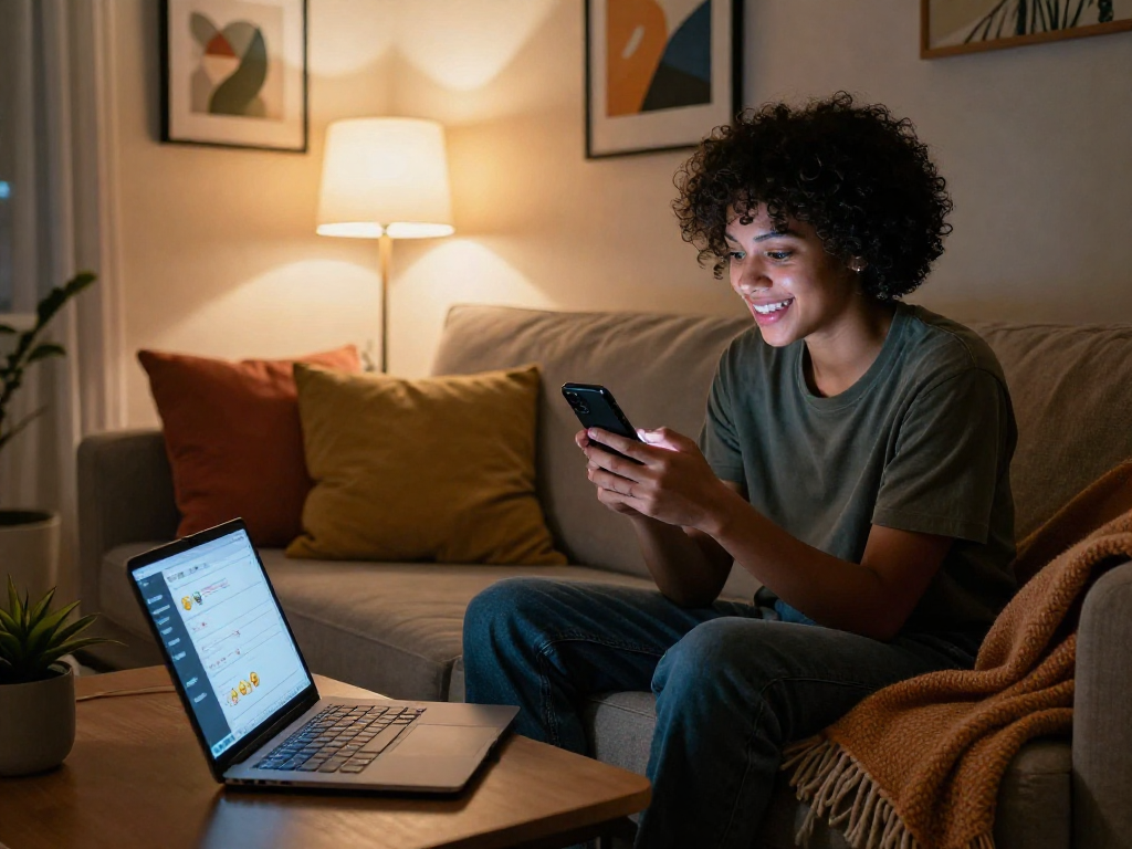 Engaging in sexting ai conversation in a cozy living room with smartphone and laptop, showcasing intimate digital communication.
