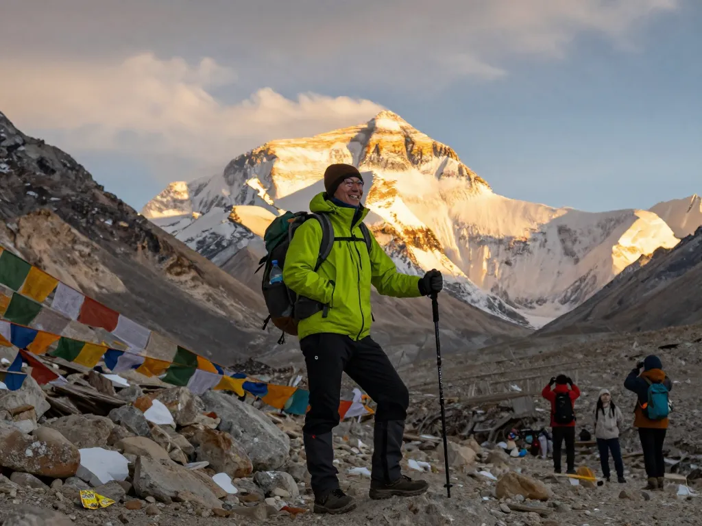 Everest Base Camp Heli Trek experience with traveler at sunrise, showcasing stunning mountain backdrop