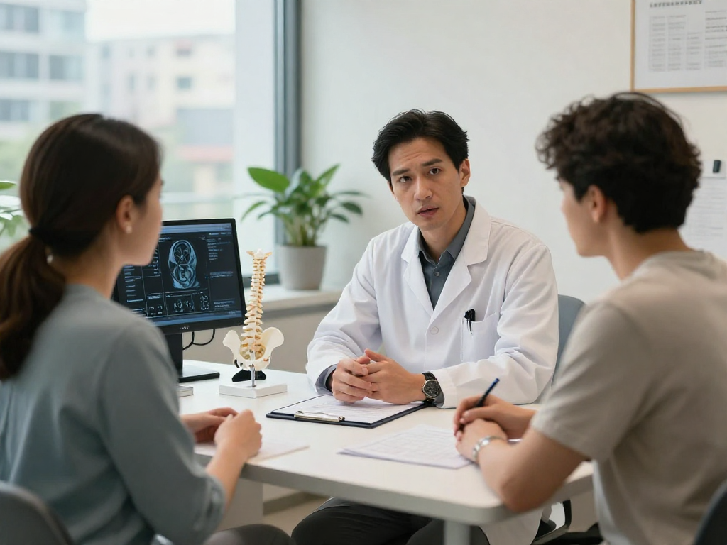 Doctor explaining bel kayması ameliyatı treatment options to a patient in a modern medical office.