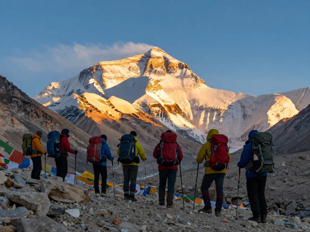 Trekking to Everest Base Camp with adventurers enjoying stunning views of the Himalayan landscape.