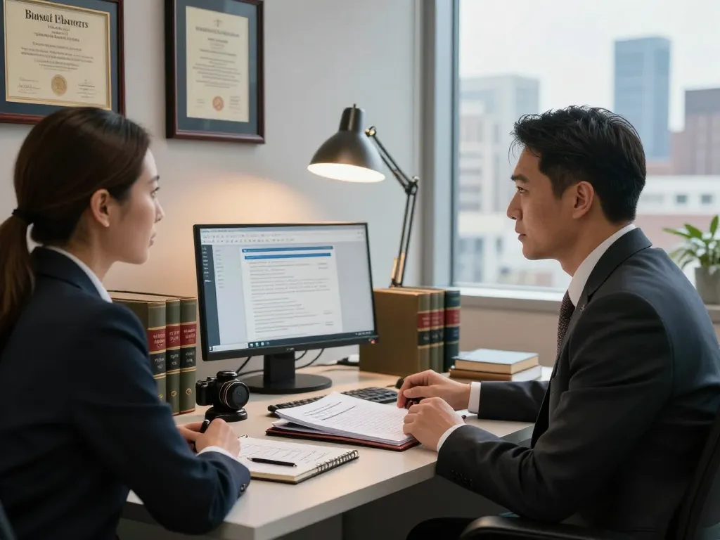 Lawyer consulting with clients in a professional office space, representing USA lawyers.