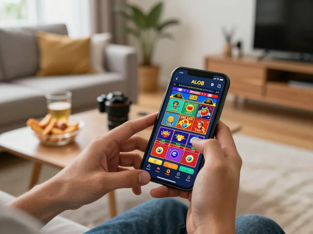 Player engaging with ALO8 casino app on smartphone while enjoying snacks and drinks at home.