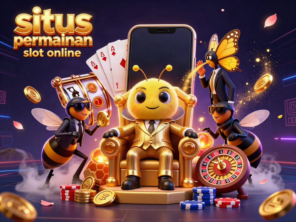 Gambarkan situs permainan slot online dengan ilustrasi 3D berwarna-warni yang menunjukkan mesin slot penuh imajinasi.