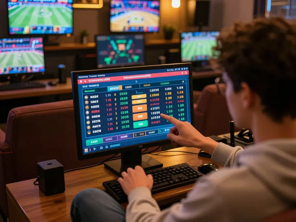 Person engaged in live sports betting on Tylekeonhacai88 platform with screens displaying updates.