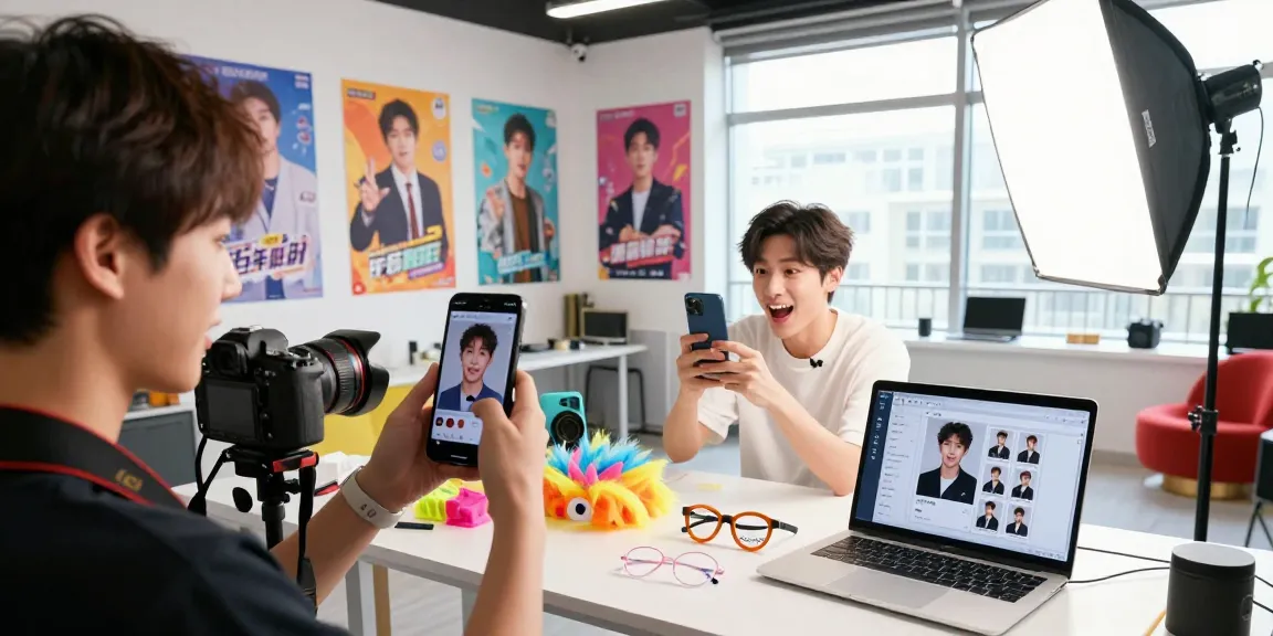 Excited person discovering celebrity i look like results on smartphone in a colorful studio.