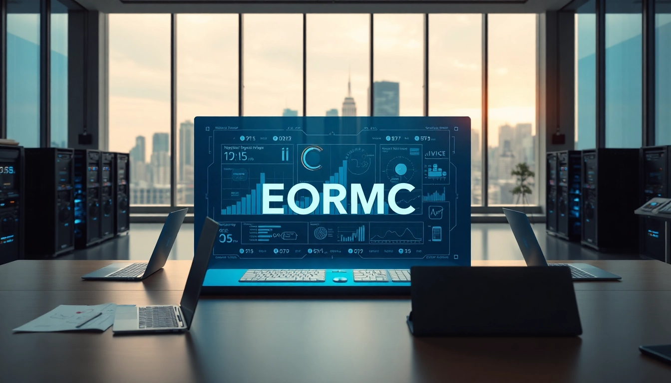 EORMC is showcased through a high-tech office equipped for AI blockchain development.