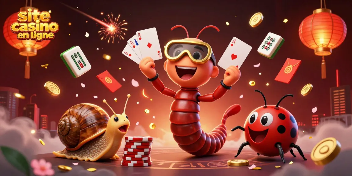 Illustration d'un site casino en ligne avec un croupier multizoom et un escargot joueur entouré de jeux d'argent.