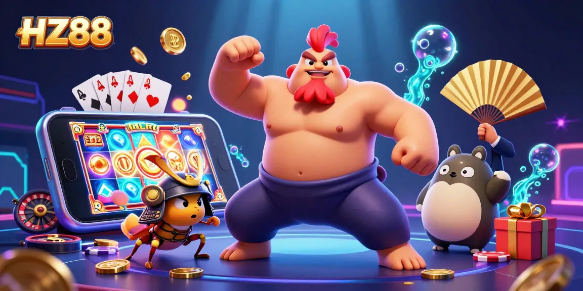 Experience winning thrills with HZ88 in this vibrant 3D casino scene filled with games and excitement.