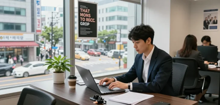 상봉동 한국관 office workspace with an individual engaging in professional tasks